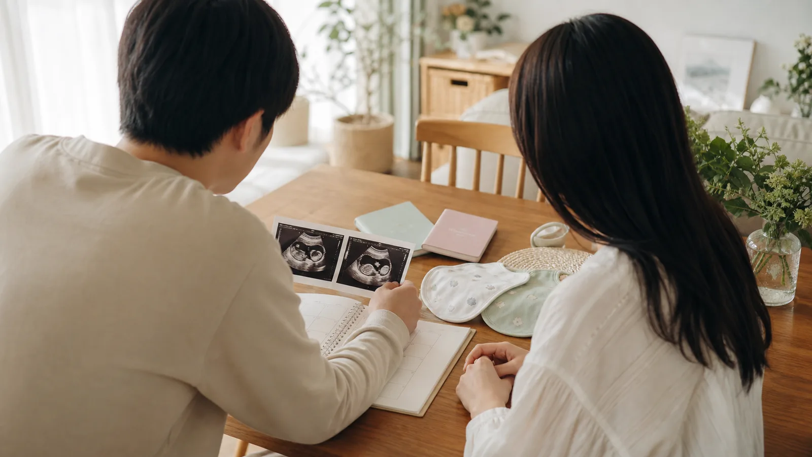 双子のエコー写真と予定表を囲み、出産準備について話す夫婦