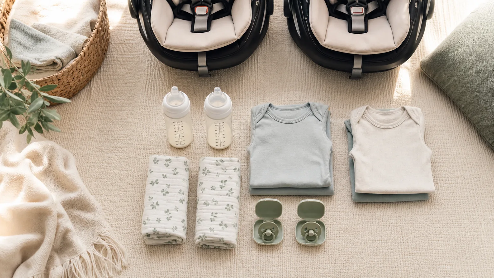 チャイルドシート2台・哺乳瓶2本・肌着2枚など、2つずつ並べた双子の準備品