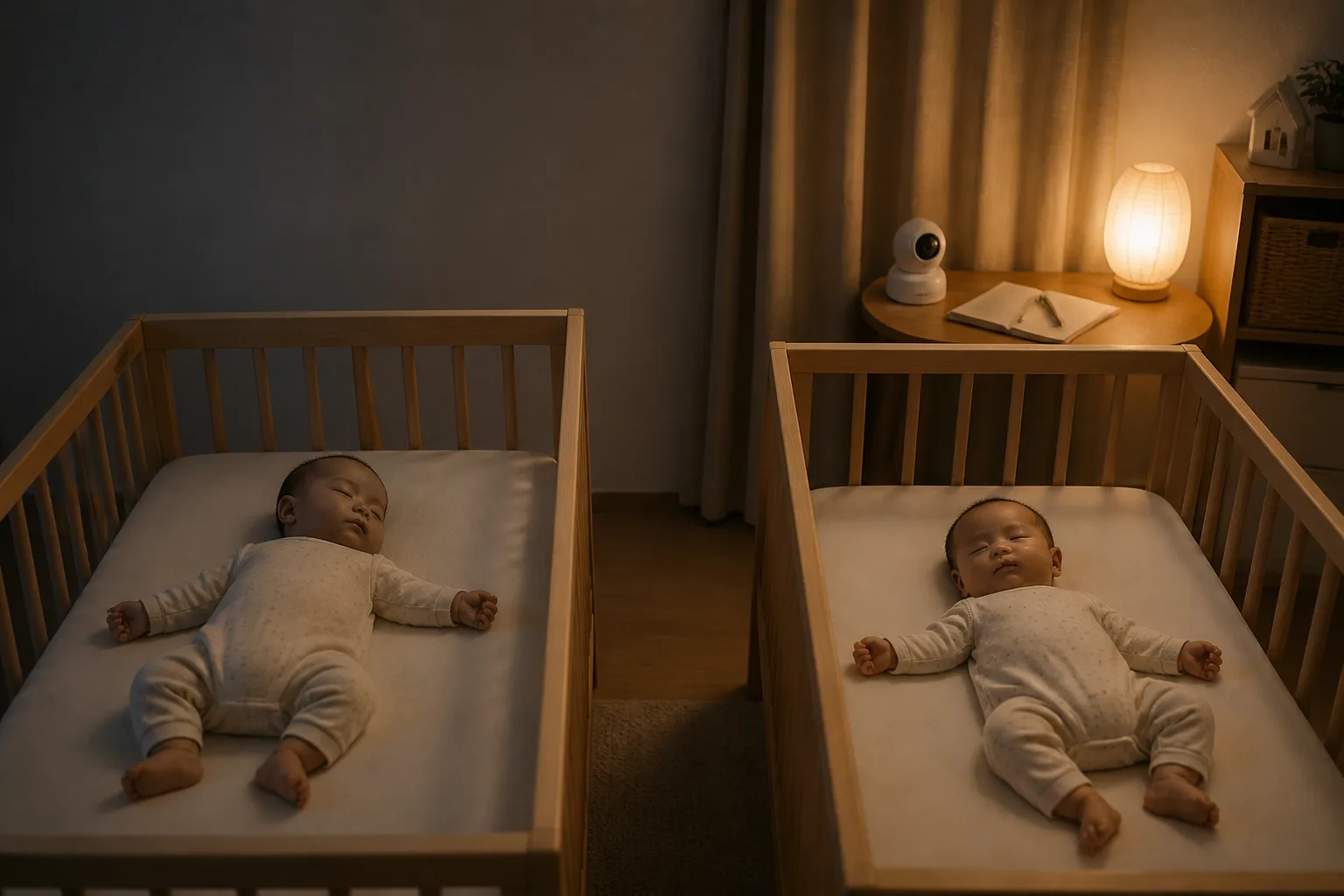 薄暗い寝室で、別々のベビーベッドにあおむけで眠る双子