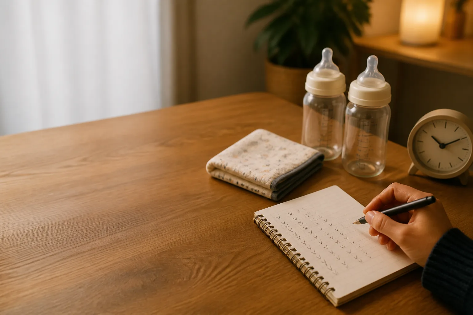 ミルクの記録をノートに書き込む手元と、2本の哺乳瓶
