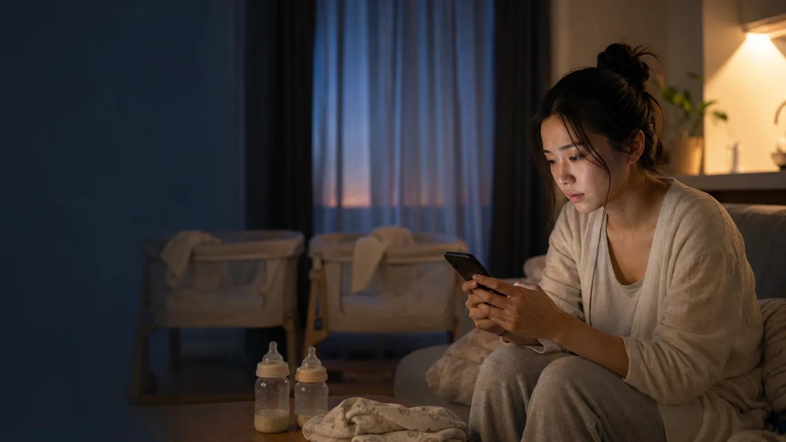 夜、双子のベビーベッドのそばでスマホを見つめる母親