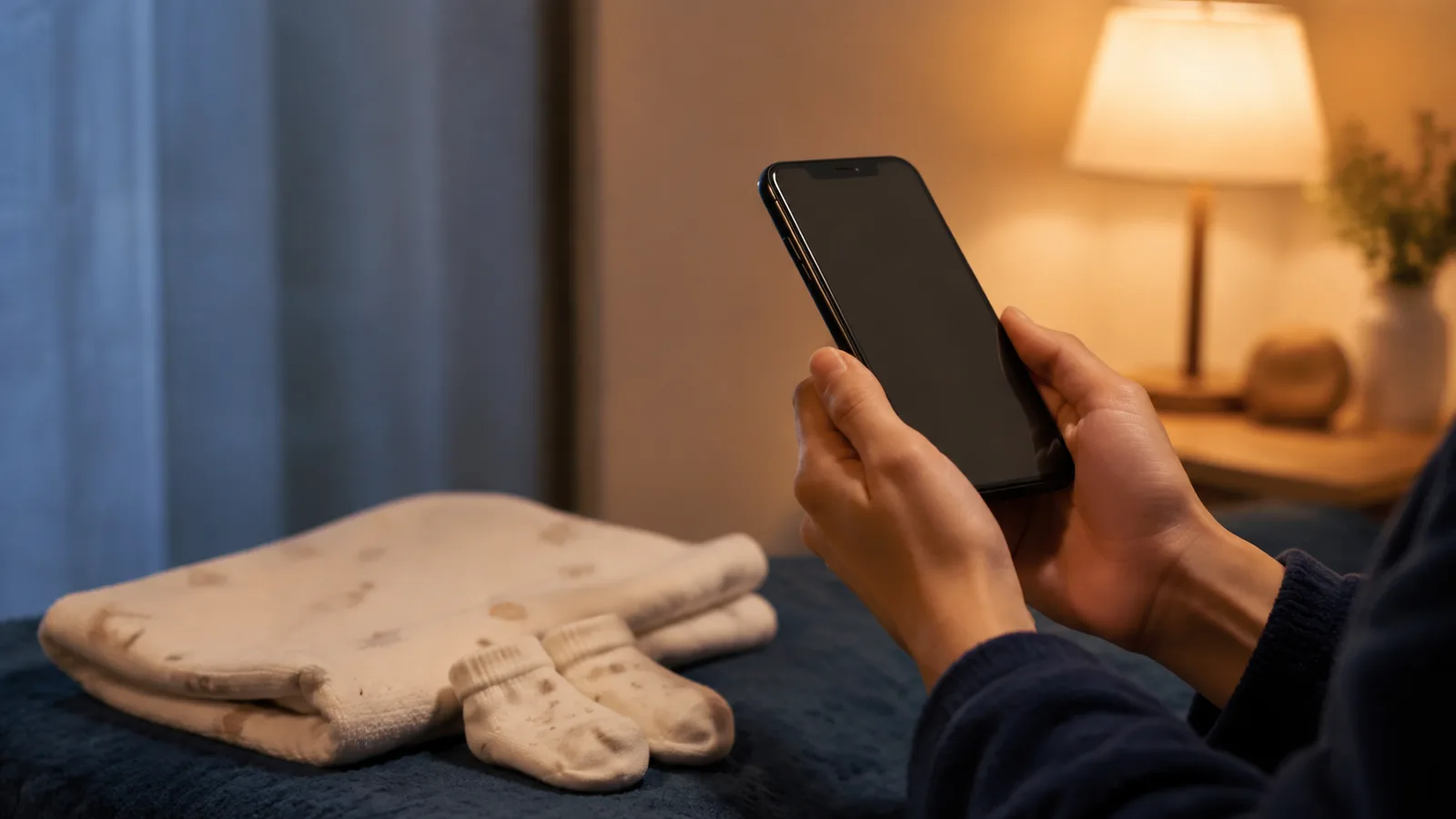 暗い部屋でスマホを持つ手と、たたまれた赤ちゃんの靴下