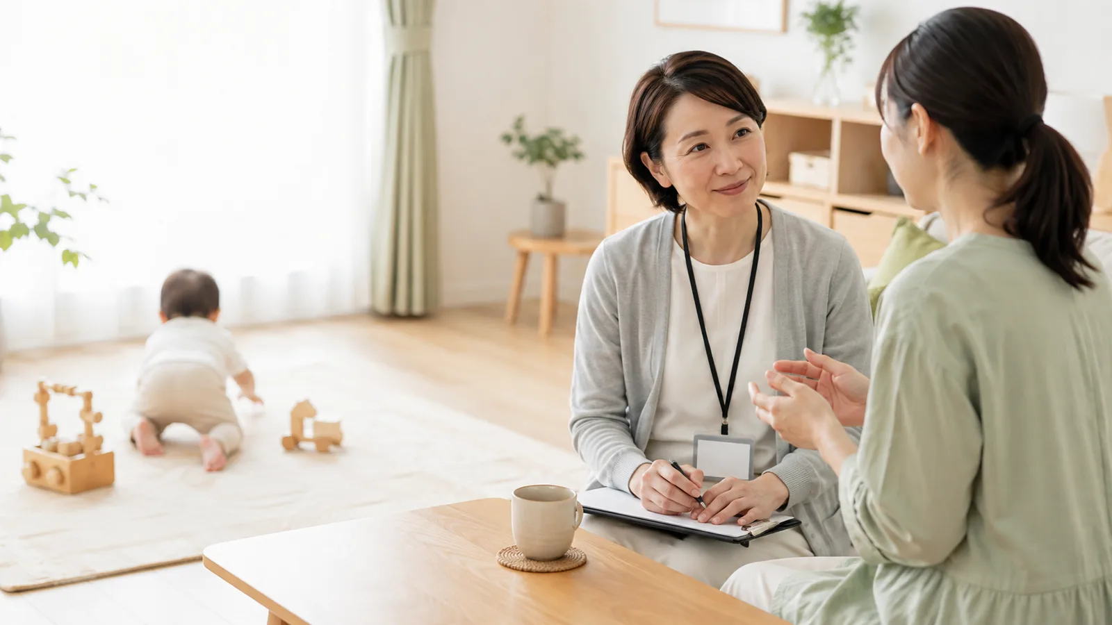 自宅を訪問した助産師さんと話す母親、そばで遊ぶ赤ちゃん