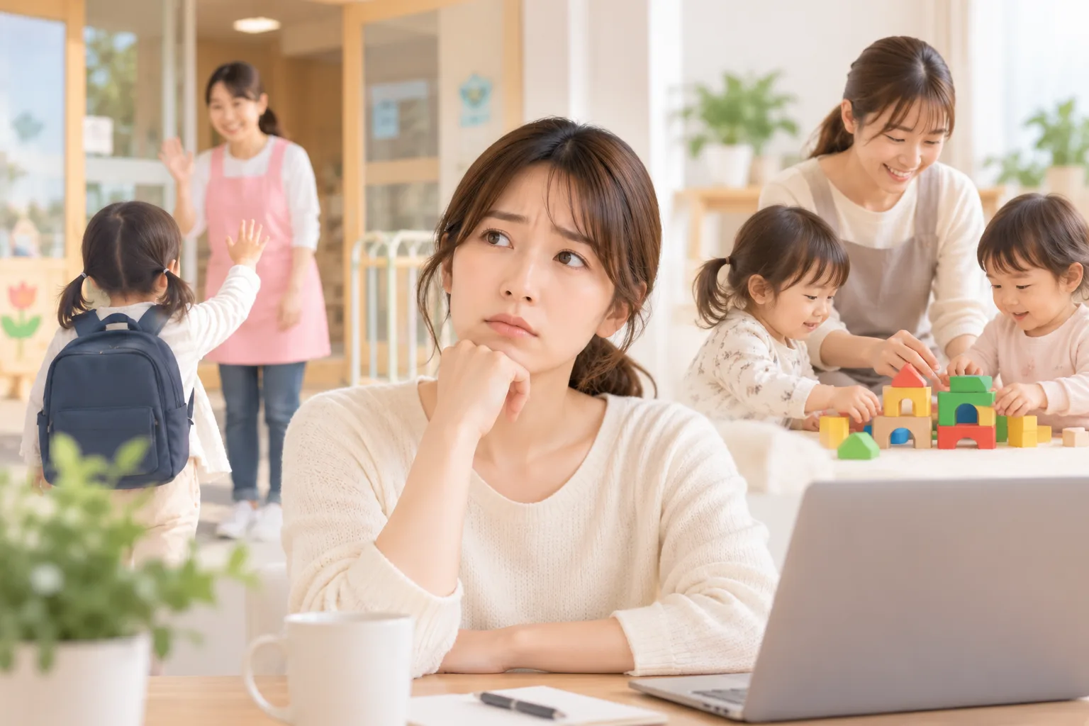 保育施設で、子どもを預けるか迷う表情の母親