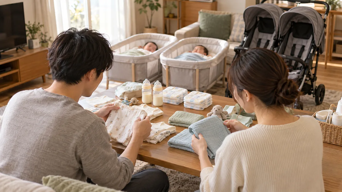 双子用品をテーブルに並べて準備する夫婦