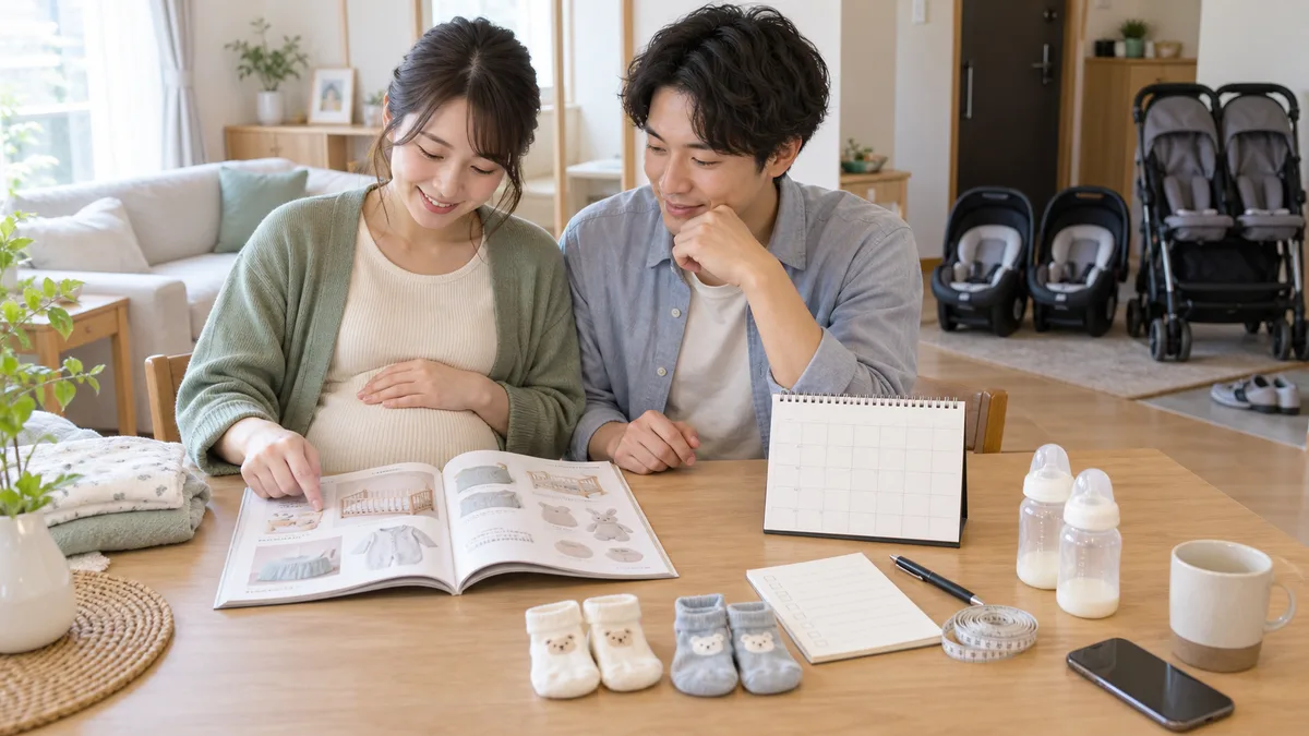 カレンダーとカタログを見ながら双子用品の購入時期を考える夫婦