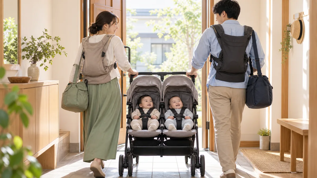 必要な用品だけを持って双子用ベビーカーで出かける家族