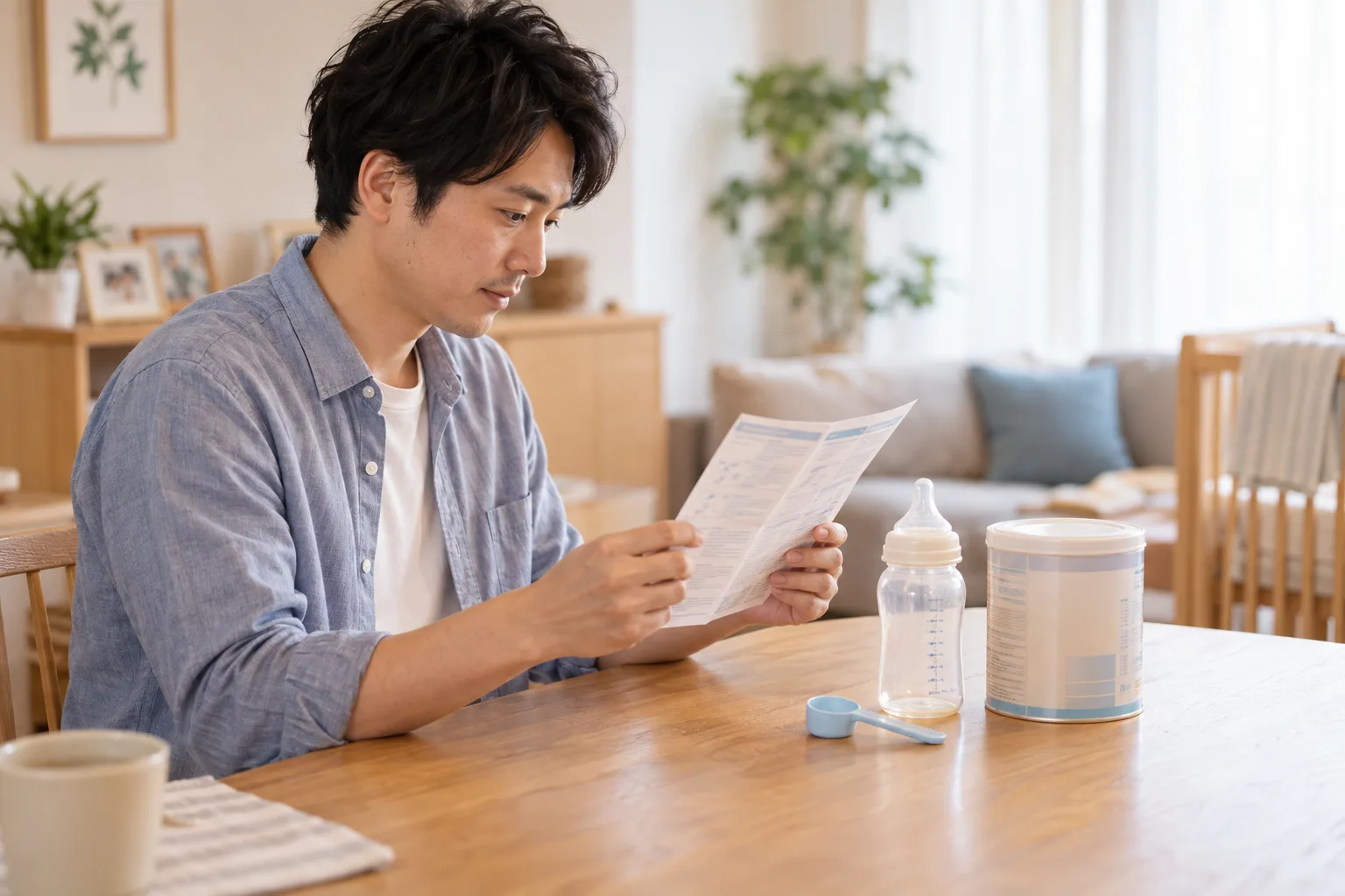 哺乳びんと計量スプーンの説明書を確認する父親