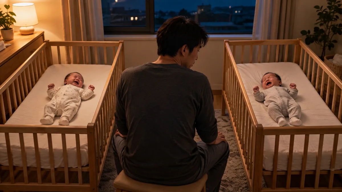 夜の部屋で、別々のベビーベッドにいる双子を見守る父親