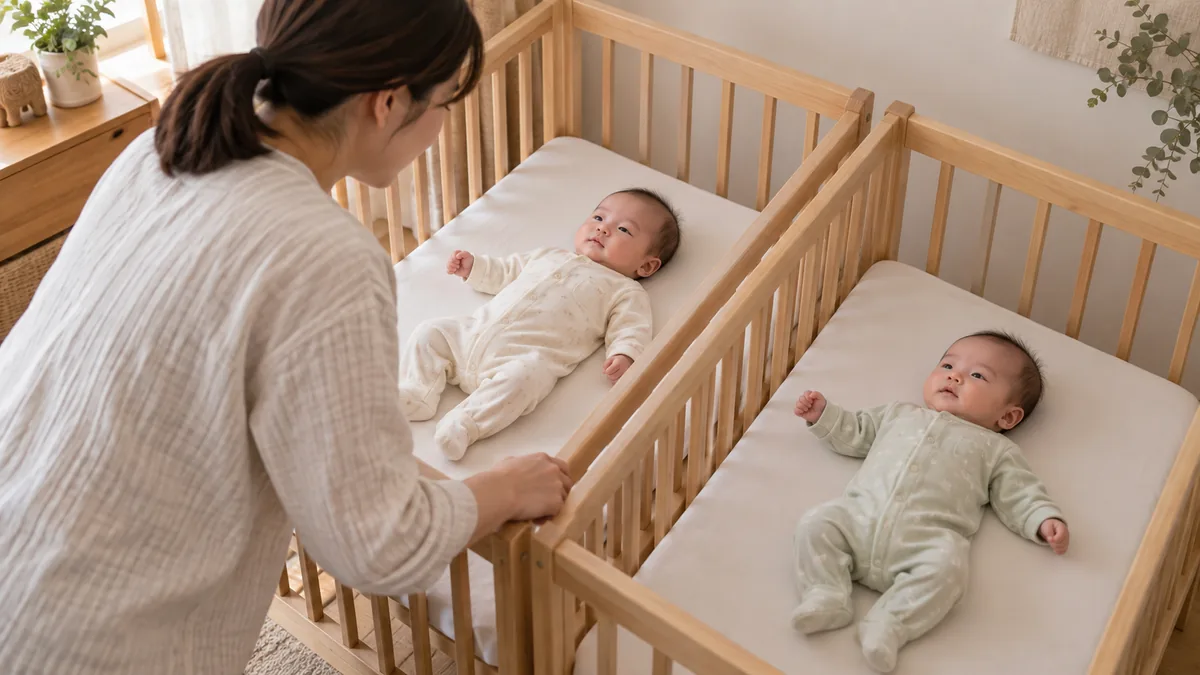 別々の寝床にあおむけで寝ている双子の様子を近くで確認する親