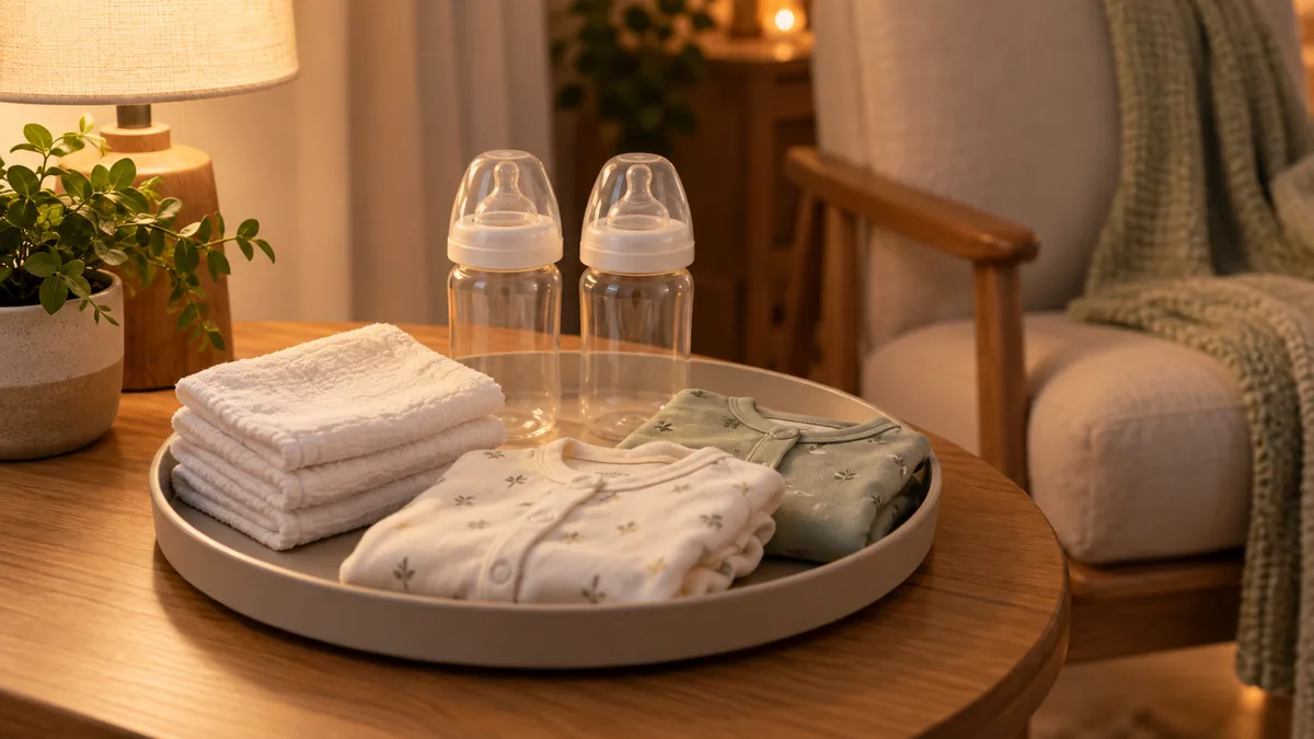 授乳後のお世話に備えて、哺乳瓶とガーゼ、着替えを手元にまとめたトレー