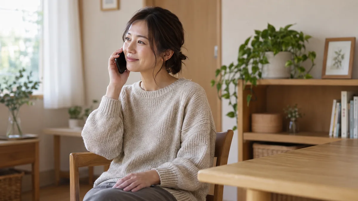 育児の合間に椅子へ座り、電話で相談する親