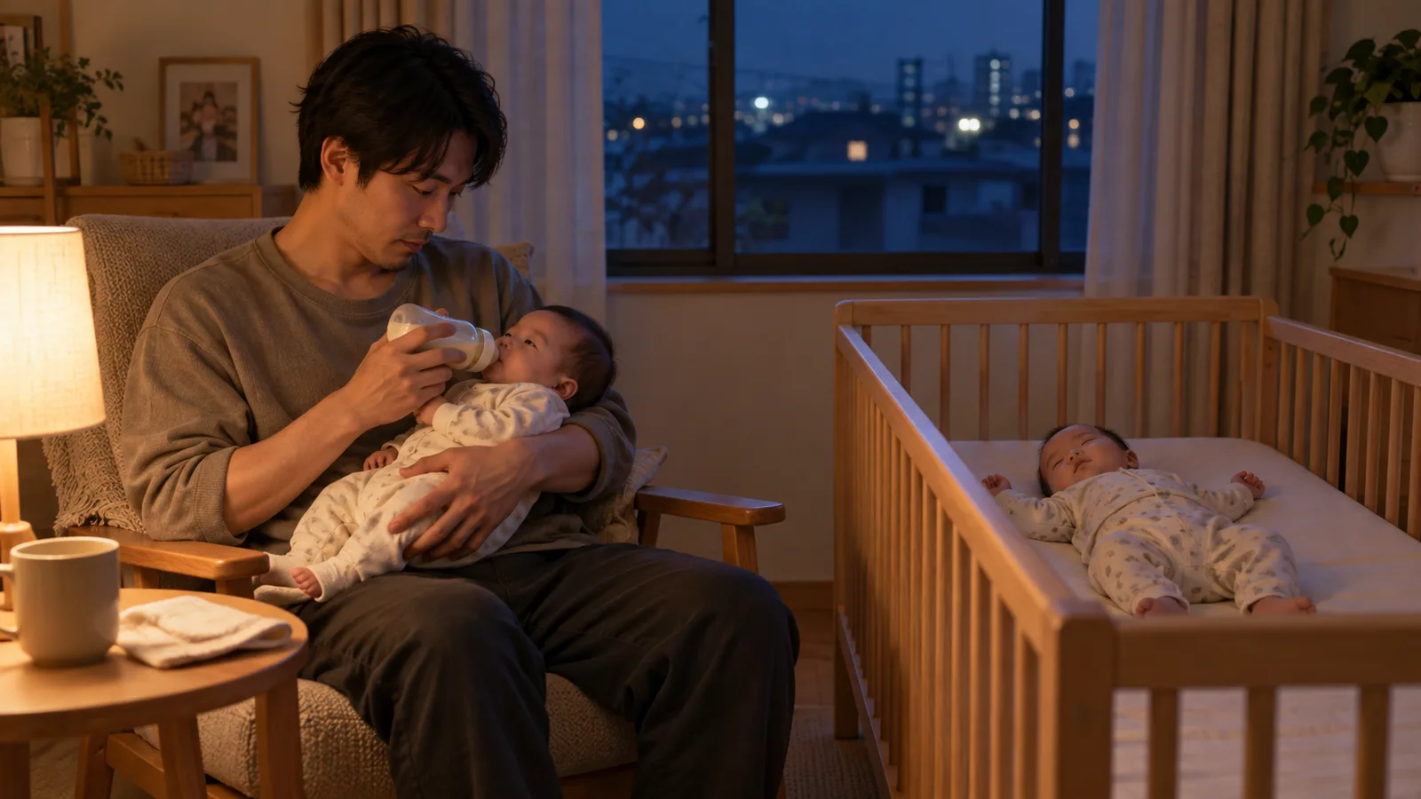夜の部屋で双子の1人を抱いて授乳する父親と、ベビーベッドで眠るもう1人
