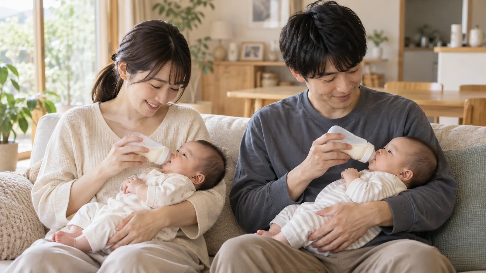双子を1人ずつ抱っこしてミルクを飲ませる夫婦