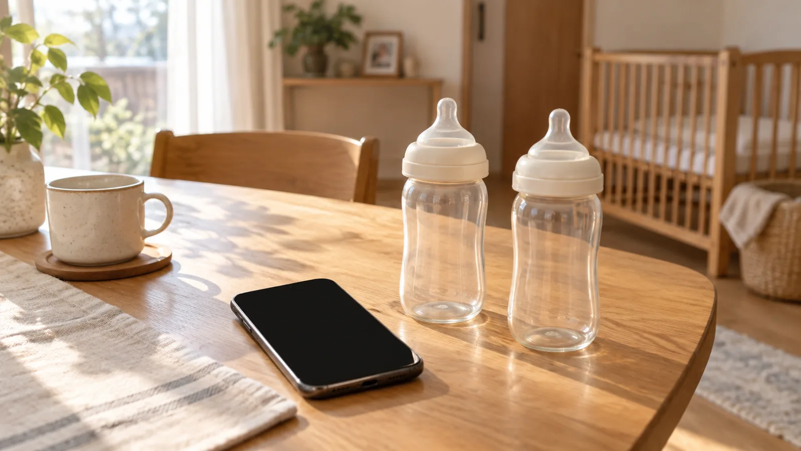 朝のテーブルに置いたスマートフォンと2本の哺乳瓶
