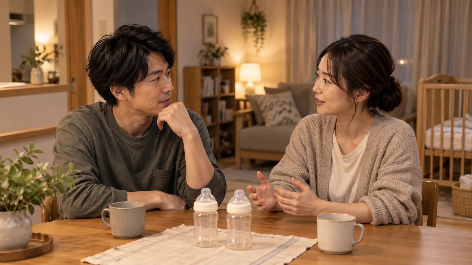 哺乳瓶を前に話し合う夫婦