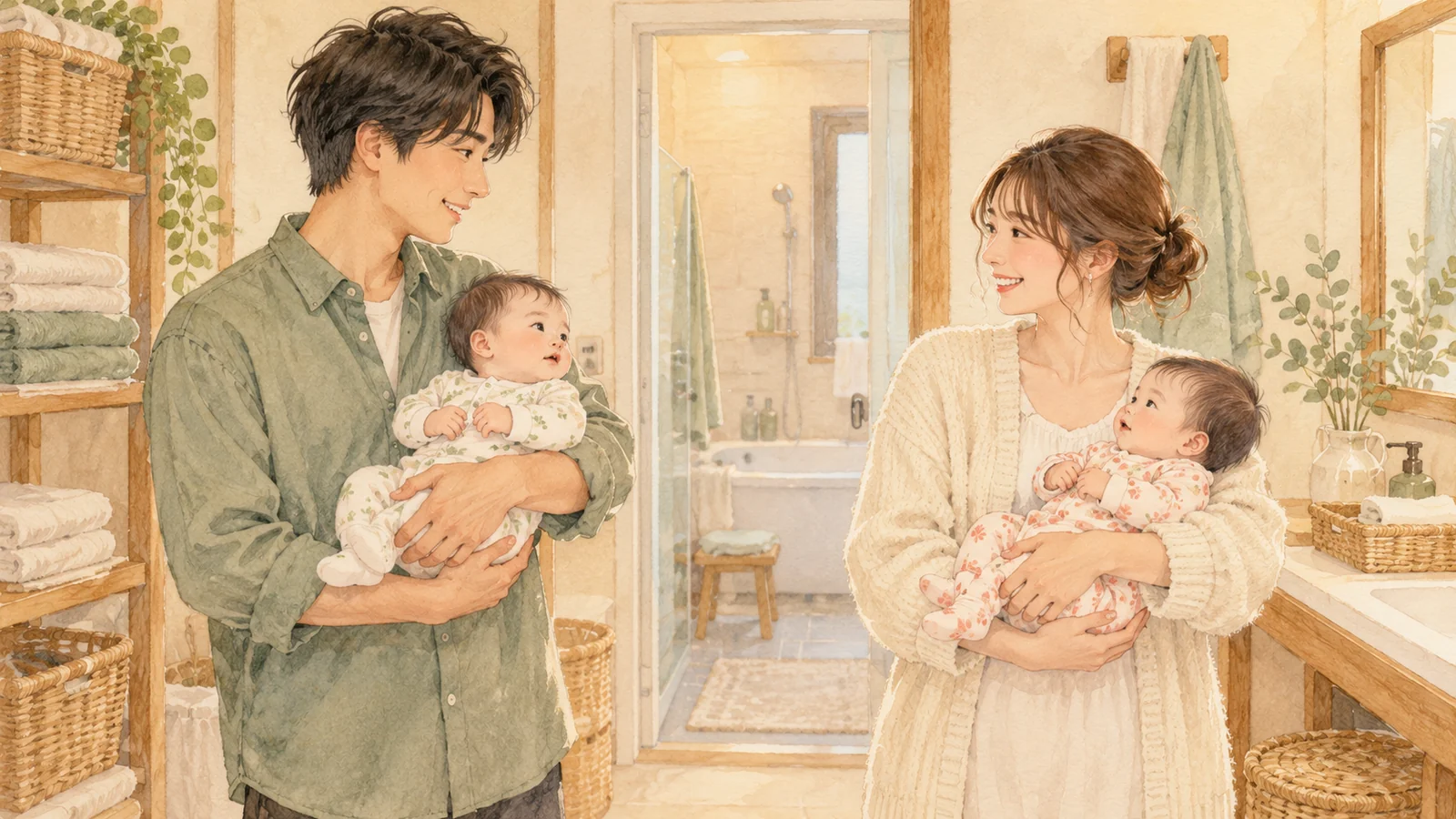 双子を1人ずつ抱いてお風呂の分担を相談する夫婦のイラスト