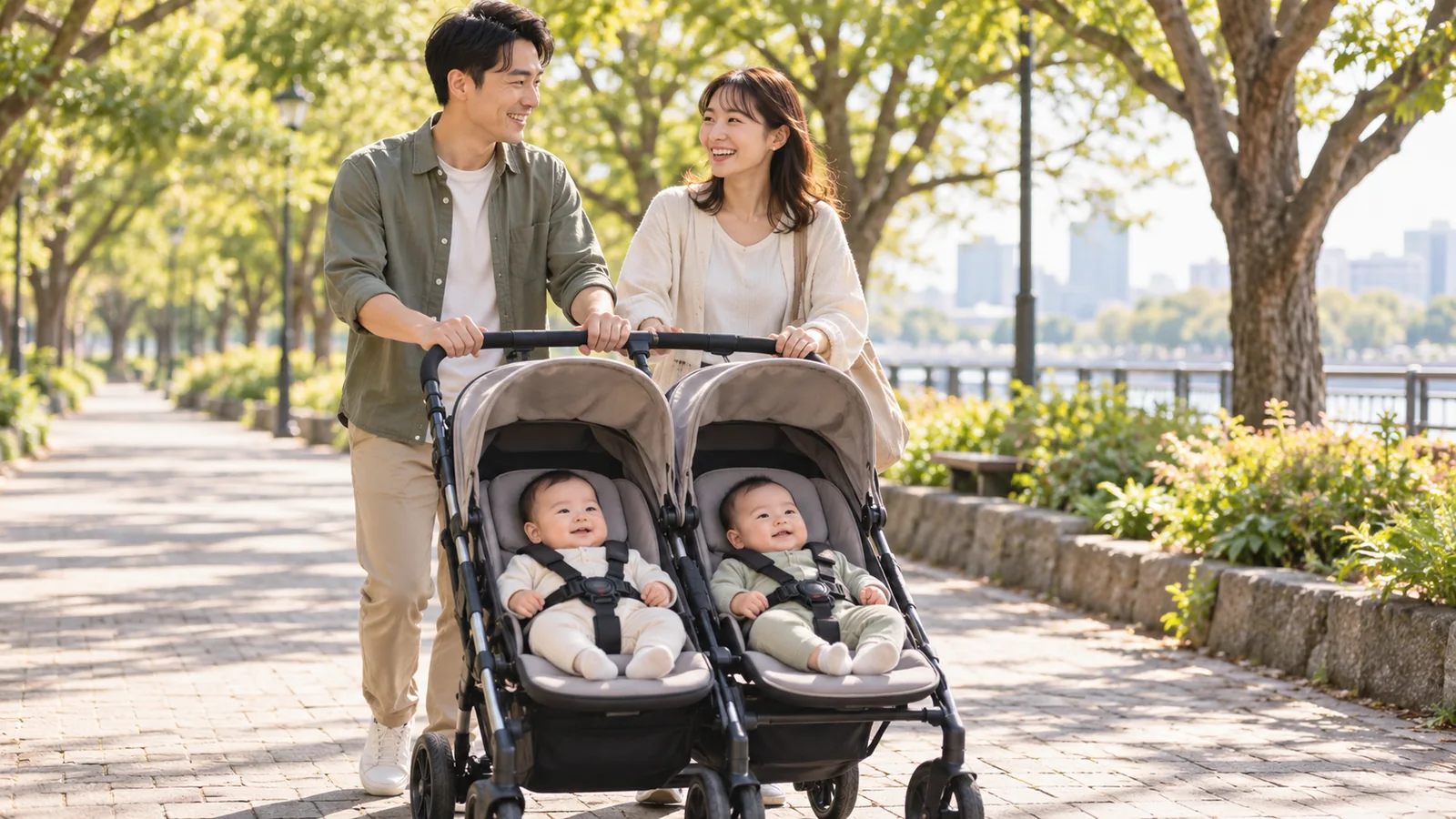 双子ベビーカーで明るい並木道へ出かける夫婦のイメージ