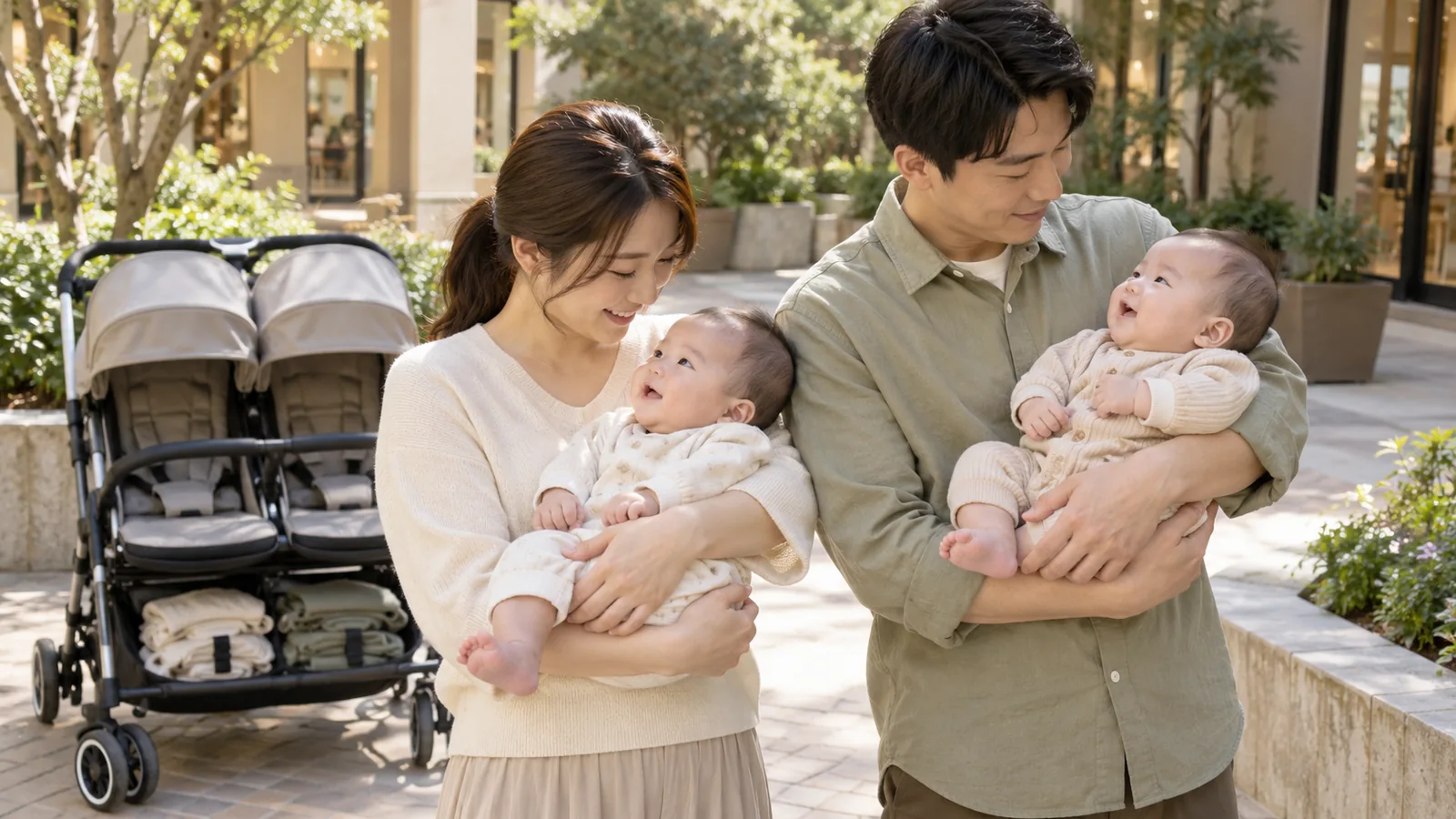 外出先で双子を1人ずつ抱いてあやす夫婦のイメージ