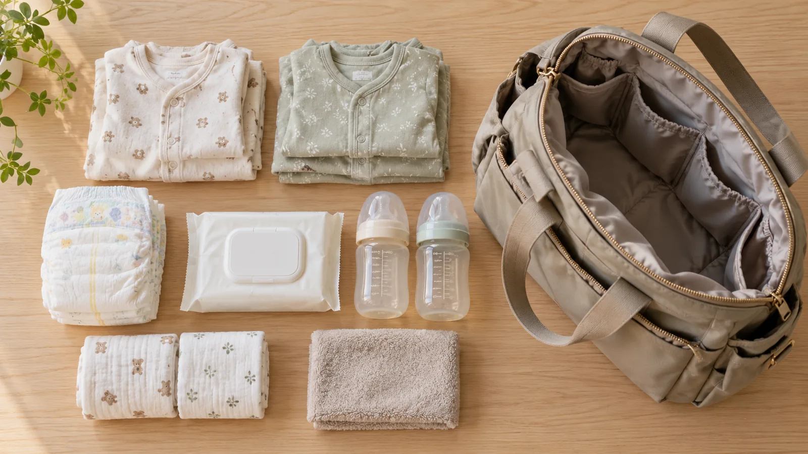 双子の外出用に並べた着替えやおむつ、哺乳瓶