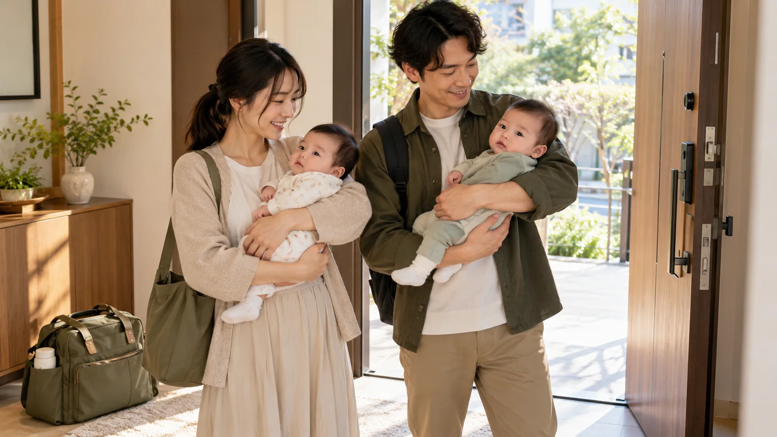 準備したバッグとともに双子を抱いて出かける家族のイメージ
