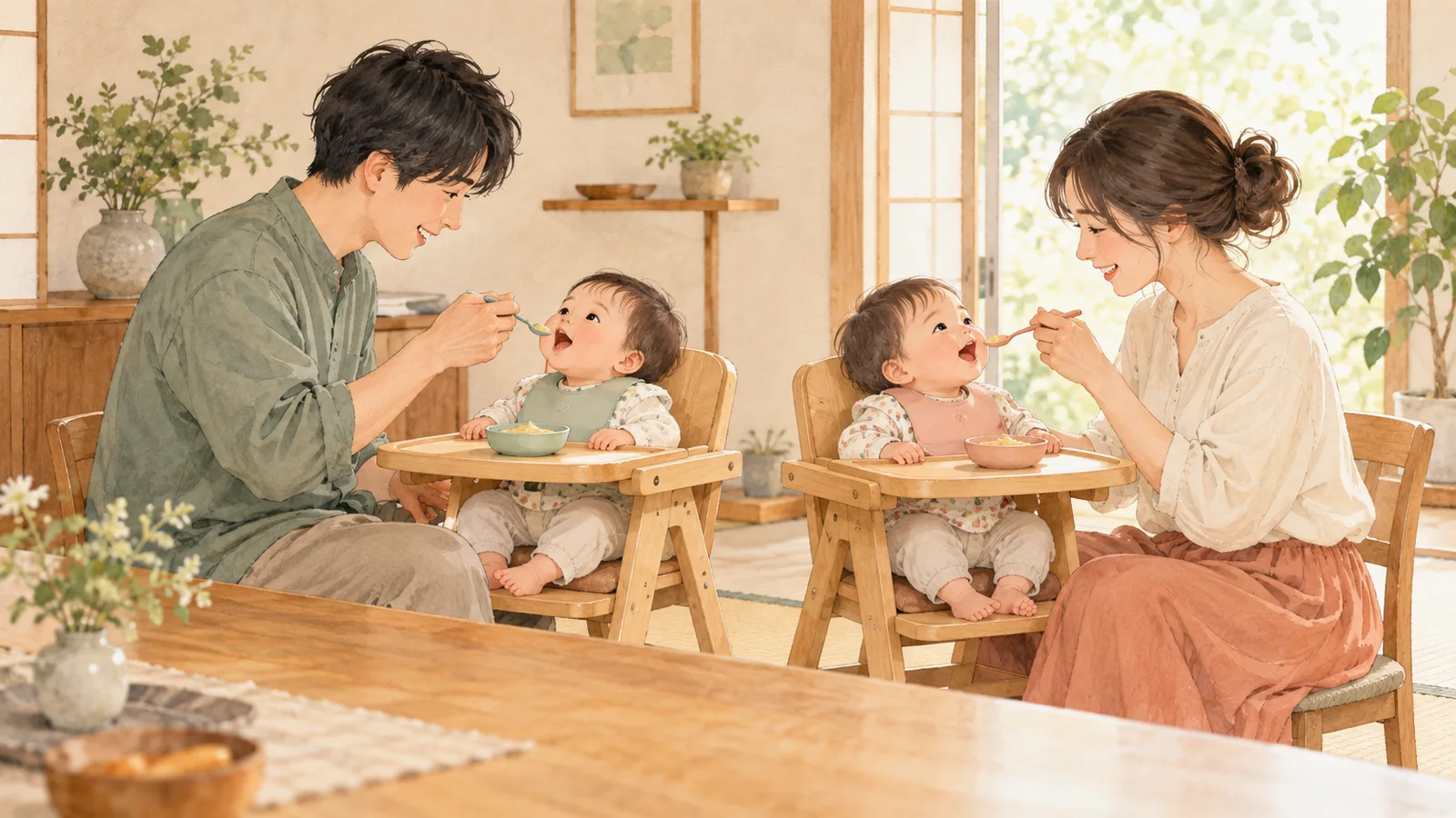 夫婦で双子に1人ずつ離乳食をあげるイメージ