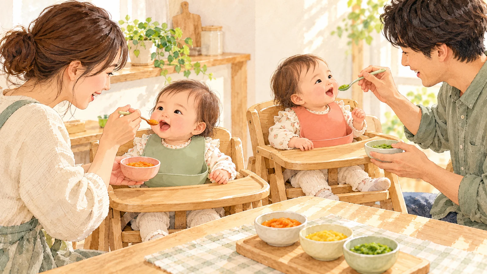 夫婦が双子に1人ずつ離乳食を食べさせるイラスト